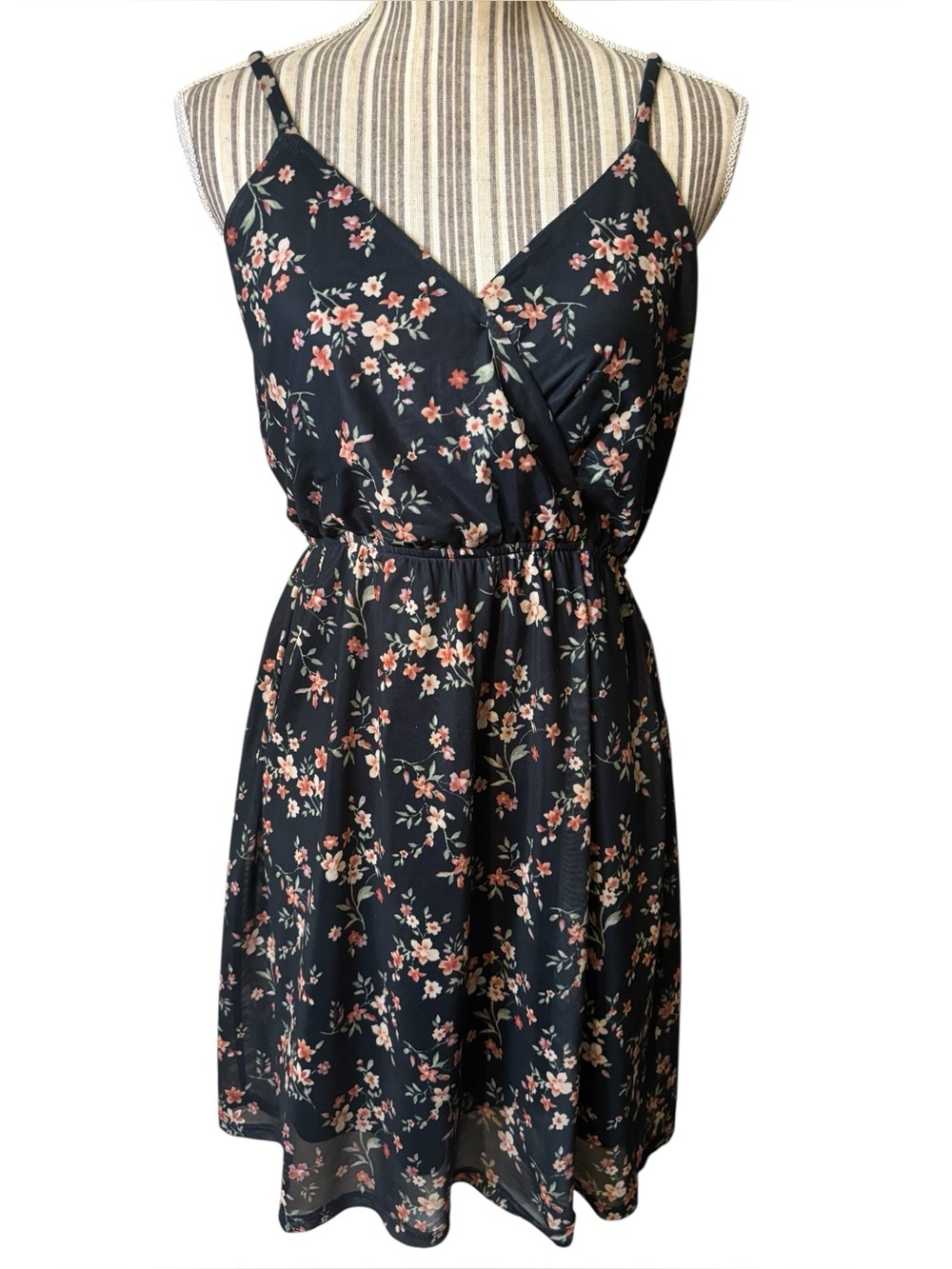 Maurices Mini Dress Small Black Wrap Front Floral Peach Orange Spaghetti Straps